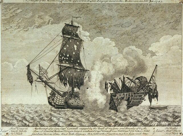 HMS Marlborough after the battle of Toulon, 1744.