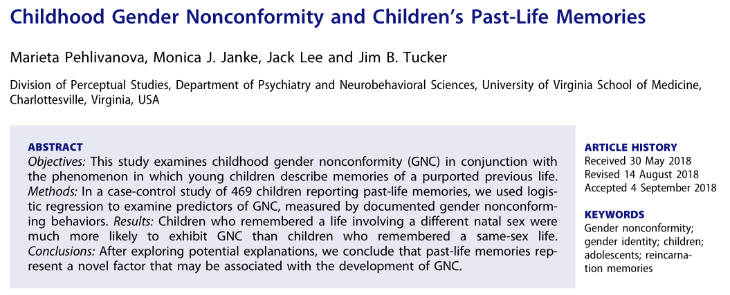 Article published in the International Journal of Sexual health, about the relation between gender dysphoria and past life memories. Signed by Dr. Jim Tucker among others.